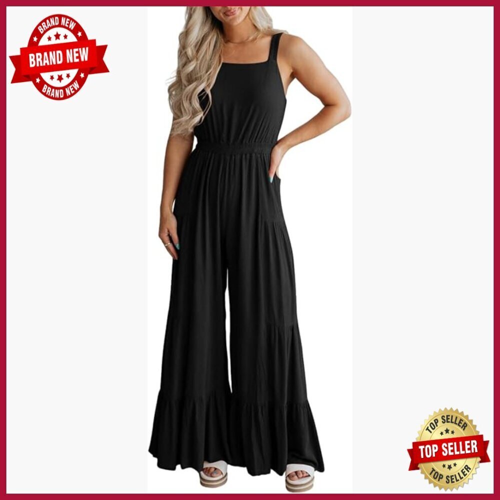 Large Sleeveless Jumpsuit Wide Leg Flare Pants Smocked Bodice Summer
